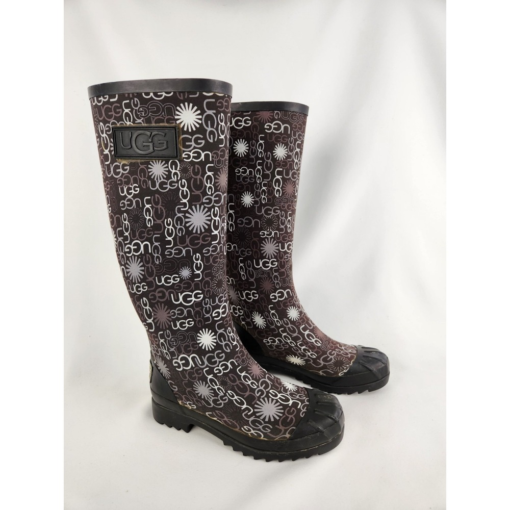 Ugg Australia Women's Size 6 Multi Logo Brown Tall Rubber Rain Winter Muck Boots
